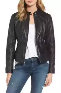 GUESS Collarless Leather Moto Jacket, Black, Size M - Picture 1 of 9