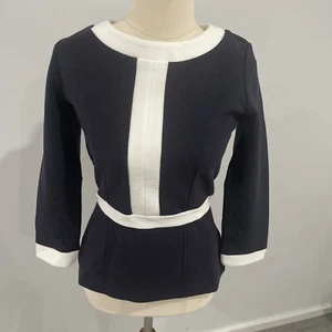 Hobbs Women’s Navy Blue White Trim Ribbed Peplum 3/4 Sleeve Top XS - Picture 1 of 9