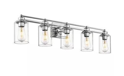 Granja 37,4 pulgadas Luz de tocador de baño cromada de 5 luces con pantallas de vidrio transparente Foto 1 de 3