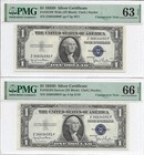 1935D $1 SILVER CERTIFICATES, Changeover Pair, PMG UNC 63/66 EPQ. W to N