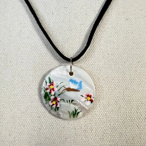 Premier Designs Painted MOP Pendant Necklace Floral Butterfly Nature Corded - Picture 1 of 6