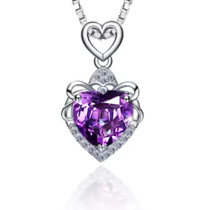 925 Sterling Silver Heart Amethyst Cubic Zirconia Pendant Necklace 18" Chain Box - Picture 1 of 6