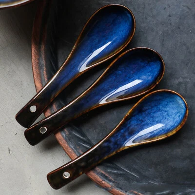 Glaze Blue Ceramic Soup Spoon Household Soup Short Handle Kitchen Tableware Tool - Image 1 of 4