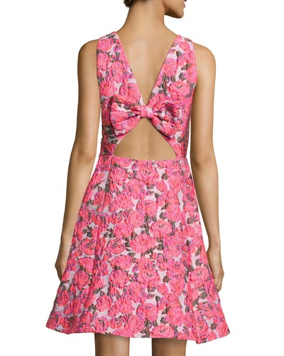 abito svasato kate spade new york broccato floreale aperto fiocco schiena rosa fucsia 10