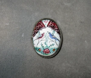 Vintage Hand Painted Celluloid & Silver Pin--Love Birds - Picture 1 of 4