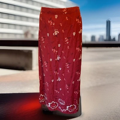 Maxi Falda Eddie Bauer Vintage Lino Algodón Envoltura Completa 14 Roja Floral Modesta Playa Foto 1 de 4