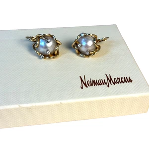 Nieman Marcus Vintage Custom Ohrringe - Gelbgold / 3 Diomanden auf Lg. Pearl - Bild 1 von 5