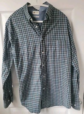 Camisa de vestir Haggar para hombre L verde azul mezcla de algodón a cuadros *elástica* abotonada  Foto 1 de 4