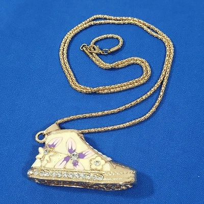 Betsey Johnson Sneaker Shoe 3D Pendant Necklace Rose-Gold Tone Rhinestone Long - Image 1 of 4