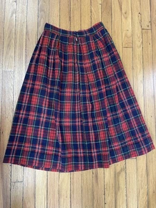 Vintage Plaid Wool Skirt Womens Medium Red Navy Pleated Tartan Midi 80s Classic - Picture 1 of 6