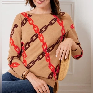 Talbots womens pullover sweater chain link print size 1X tan boat neck preppy - Picture 1 of 11