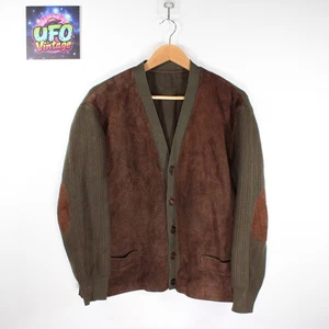 Vintage Country Cardigan Suede Knit Jacket Brown Olive Shooting Elbow Patch L - Picture 1 of 12