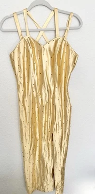 Vintage 50s 60s Gold Silk Satin Hand Beaded Gown Maxi Sheath Dress Cocktail - Image 1 of 4
