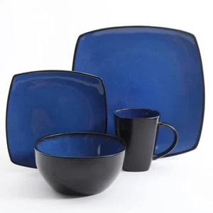 Gibson Soho Lounge 16 Piece Square Stoneware Dinnerware Set in Blue & Black - Picture 1 of 2