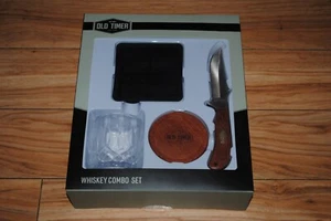 Old Timer Whisky Combo Set 8.25" Fixed Blade Whisky Glass Wooden Coasters - Picture 1 of 5