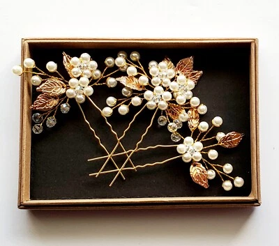 AW Novia - 3 Alfileres para el Cabello - Hojas Doradas y Perlas Blancas - Totalmente Nuevo Foto 1 de 2