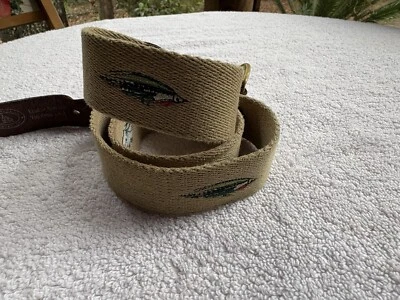 Leather Man Ltd Belt Mens 32 Embroidered Fishing Lures Leather Canvas Brass USA - Image 1 of 4