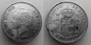 SPAIN COIN KM#700 ALFONSO XIII 5 PESETAS 1892 *18*92 PG-M PLATA SILVER R6770 VER - Imagen 1 de 1