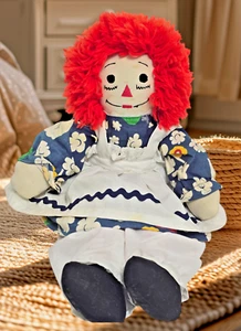 Vintage Raggedy Ann Doll Handmade Cloth 20” Floral Dress Apron Embroidered Face - Picture 1 of 11