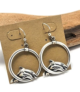 VINTAGE STERLING SILVER DOLPHIN EARRINGS .925 ESTATE FIND 7.6 GRAMS - Picture 1 of 3