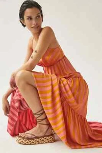 Farm Rio Striped Maxi Dress Anthropologie Deep V Tropical Sundress Size L NEW - Picture 1 of 9