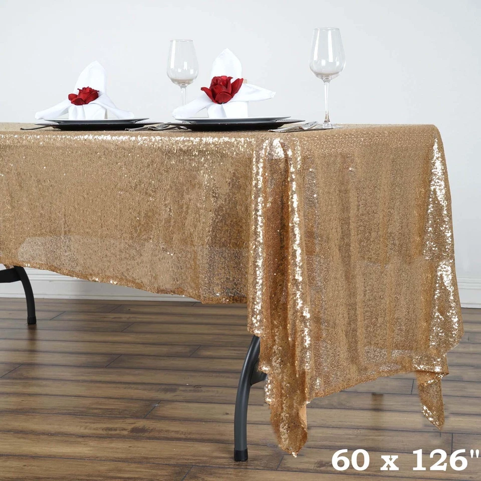 60x126" Gold SEQUIN RECTANGLE TABLECLOTH Sparkly Wedding Party Catering Linens - Image 1 of 4