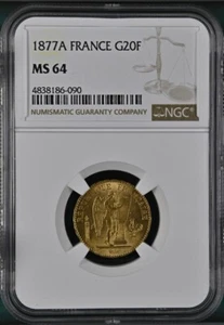 FRANCE , GOLD 20 FRANCS 1877 A - NGC MS 64 , RARE2 - Picture 1 of 2