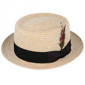 Natural Packable Straw Summer Pork Pie Hat With Band and Feather - Picture 1 of 8