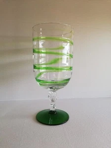 Large Hand Blown Glass Goblet With Applied Green Spiral Trail, Twisted Stem,... - Picture 1 of 16