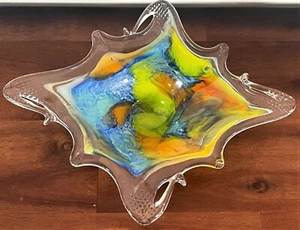 Murano Art Glass Lavorazione Bowl Mid Century Modern Italian Blue Yellow Orange - Picture 1 of 12