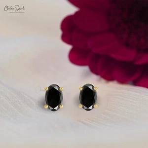 6x4mm Oval Genuine Black Diamond Studs 14k Solid Gold Prong Set Earrings Gift - Picture 1 of 22