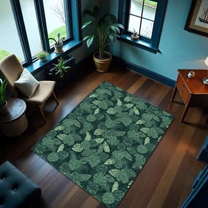 Tropical Leaf Pattern Botanic Rug Green Coastal Carpet Kitchen Mat Decor - Picture 1 of 3