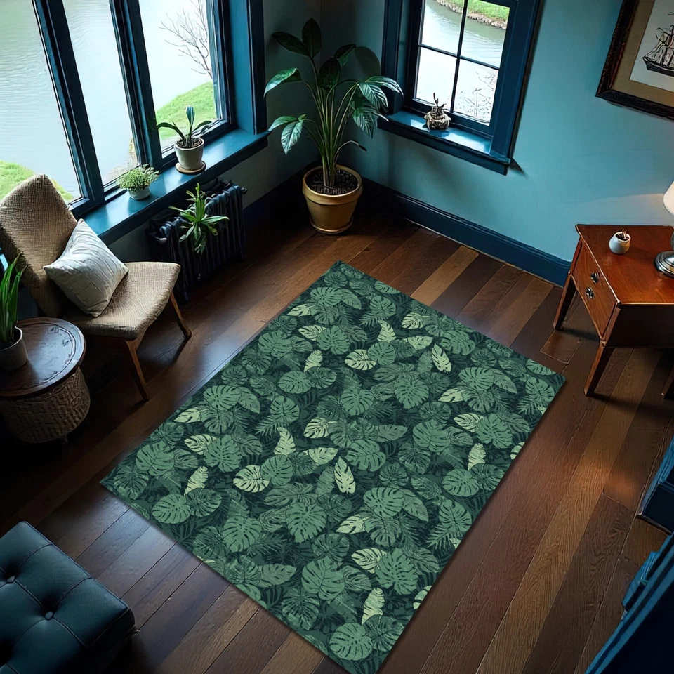 Alfombra botánica con patrón de hojas tropicales alfombra costera verde alfombra de cocina decoración Foto 1 de 3