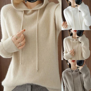 Cashmere Hoodie Sweater Long Sleeve Loose Pullover Knitted Hoodie - Picture 1 of 20
