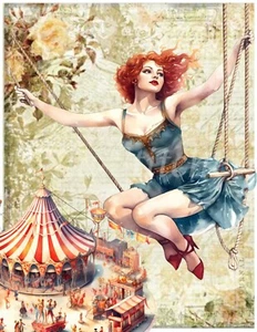 Handmade Floral Circus Woman on Swing 8x10 Craft or Quilters Fabric Block - Picture 1 of 1