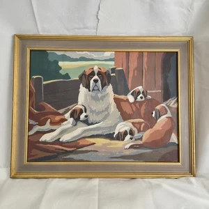 Vintage Malen nach Zahlen Bernhardiner Hunde Welpen Gemälde gerahmt Wandbild 18x14 - Bild 1 von 12