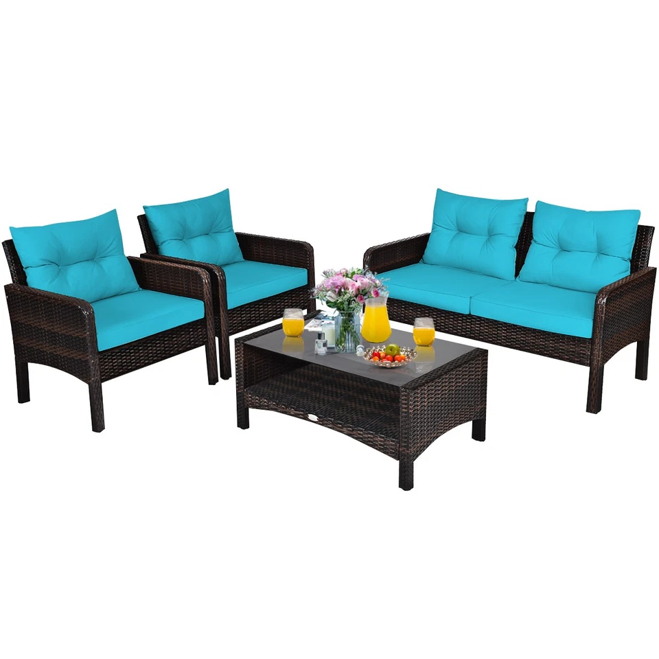 4pcs Patio Rattan Furniture Set Loveseat Sofa Coffee Table W/ Turquoise Cushion