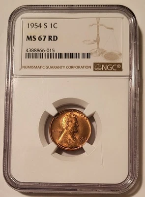 1954 S Lincoln Wheat Cent MS67 RED NGC (B)* - Image 1 of 4