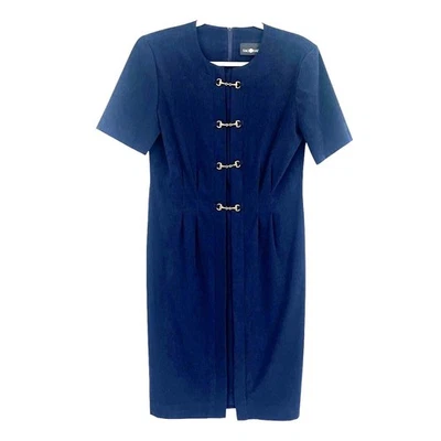 Vtg 90s Sag Harbor Horsebit Sheath Dres 8 Equestrian Old Money Preppy Chic Navy - Image 1 of 4