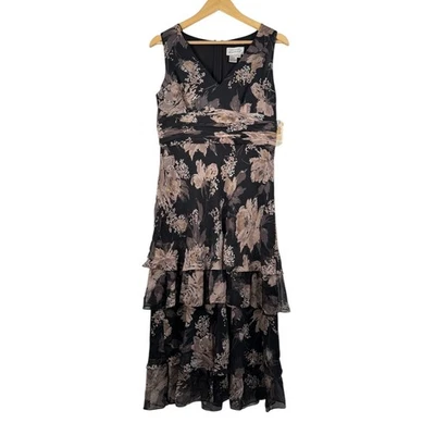 VTG Adrianna Papell Black Floral Silk Tiered Midi Dress 90s whimsigoth sz 10 - Image 1 of 4
