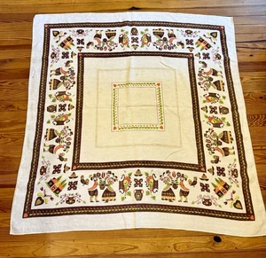 Vintage Linen Thanksgiving Harvest Print 48x48 Square Table Cloth Folk Art - Picture 1 of 7