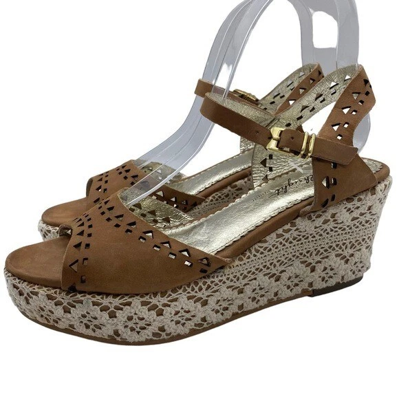 Sandalias Miss Albright Cuero Marrón Encaje Cuña Punta Abierta Hebilla Informales Talla 6.5 Foto 1 de 4