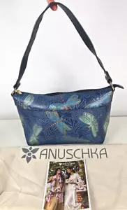 Anuschka Hand Painted Leather Zip Top Shoulder Handbag Tooled Dragonfly Blue - Picture 1 of 6