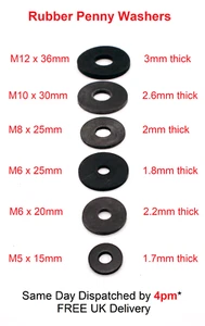 Rubber Penny Washers M5x15mm M6x20/25 M8x25 OR M10x30 M12x36 Pack 1/4/8/12/16/20 - Picture 1 of 22