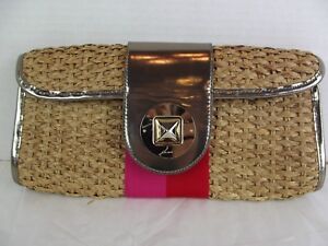 Kate Spade Wicker Straw Clutch Leather Trim Silver Pink Red Purse Handbag 