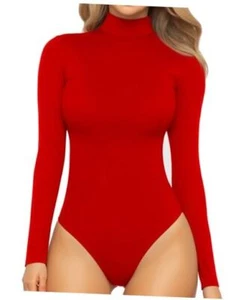 Women's Mock Turtle Neck Long Sleeve Tops Bodysuit Medium 19 Long Sleeve Red - Picture 1 of 7