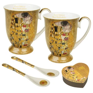 Kaffebecher Kaffeetasse Kaffeepott Porzellan Set Geschenk Der Kuss Klimt 2x250ml - Bild 1 von 5