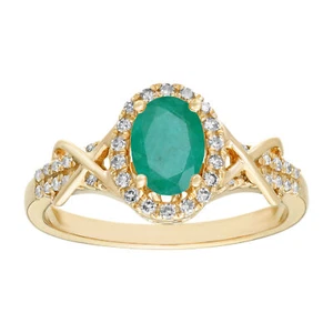 0.85 Carat Emerald Diamond Oval Ring with Diamonds in 10K Yellow Gold - Size 7 - Picture 1 of 35
