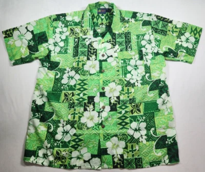 Camisa de vestir vintage Roundy Bay verde hibisco floral hawaiana manga corta XL Foto 1 de 4