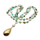 25" Chrysoprase  White Rice Pearl Necklace Heart Brushed Gold Plated Pendant